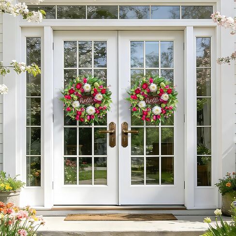 Spring Wreaths for Front Door 24 Inch Outdoor Spring Wreath with Welcome Sign, Vibrant Summer Floral Wreath with Pink Peony Hydrangeas Dahlias Tulips Flower for Wall Window Home Door Décor in Saudi Arabia