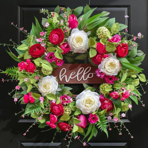Spring Wreaths for Front Door 24 Inch Outdoor Spring Wreath with Welcome Sign, Vibrant Summer Floral Wreath with Pink Peony Hydrangeas Dahlias Tulips Flower for Wall Window Home Door Décor in Saudi Arabia