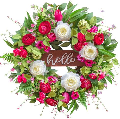 Spring Wreaths for Front Door 24 Inch Outdoor Spring Wreath with Welcome Sign, Vibrant Summer Floral Wreath with Pink Peony Hydrangeas Dahlias Tulips Flower for Wall Window Home Door Décor in Saudi Arabia
