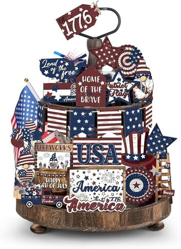 25 PCS 4 يوليو ديكورات الدرج المتطورة مجموعة الخشب وطني ثوري ديكور ديكور الأمريكي العلم النجمة الرابع من يوليو ديكور صينية ريد أبيض الأزرق ديكور مزرعة ريفي لاستقلال يوم (أنيقة) in Kuwait