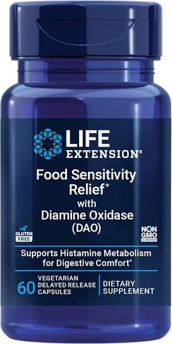 Life Extension Food Sensitivity Relief with Diamine Oxidase (DAO), Occasional Gas, Digestive Comfort, histamine Sensitivity, DAO Enzyme Supplement, Gluten Free, Non-GMO, Vegetarian, 60 Capsules in Kuwait