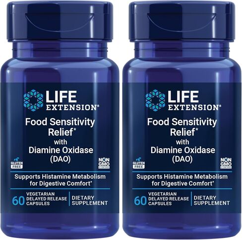 Life Extension Food Sensitivity Relief with Diamine Oxidase (DAO), Occasional Gas, Digestive Comfort, histamine Sensitivity, DAO Enzyme Supplement, Gluten Free, Non-GMO, Vegetarian, 60 Capsules in Saudi Arabia