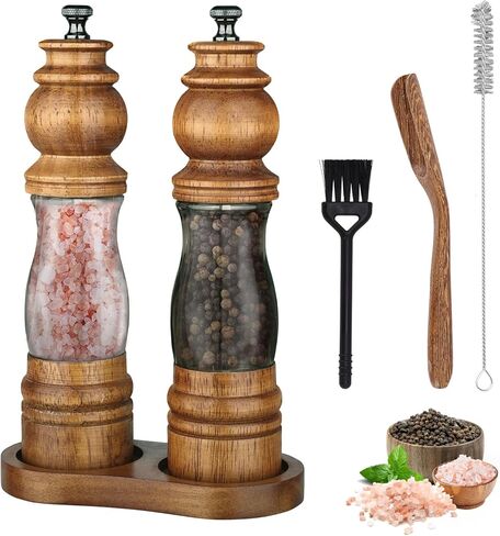 Wooden Salt and Pepper Grinder Set with Brush and Spoon, 8 Inch Manual Salt and Pepper Mill, Adjustable Coarseness, Refillable Pepper Grinder with Ceramic Core for Kitchen, Brown in Kuwait