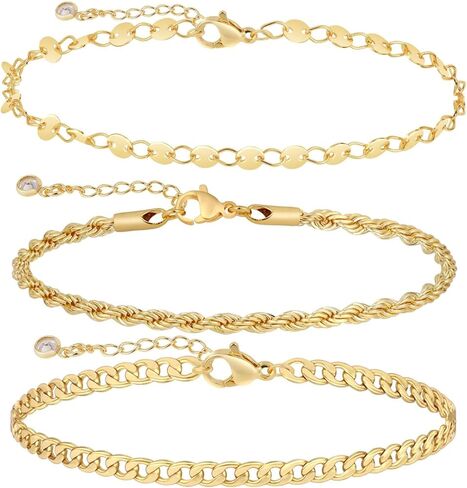 14K Gold Bracelets for Women Dainty Waterproof Jewelry Set Minimalist Stackable Herringbone Cuban Chain Fashion Charm Gold Bracelets Trendy Accessories for Gifts in Kuwait