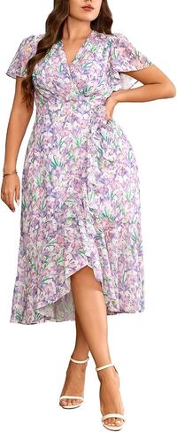 Women’s 2025 Floral Summer Dress Wrap V Neck Plus Size Boho Belted Ruffle Hem Flowy Maxi Dresses in Kuwait
