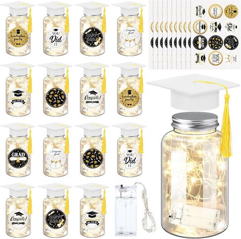 Boao 16 Sets Graduation Table Decoration Set with LED Light up Graduation Decorations for Class of 2025, Graduation Jar, Felt Graduation Hat and Stickers for High School College Graduation (Blue) in Kuwait