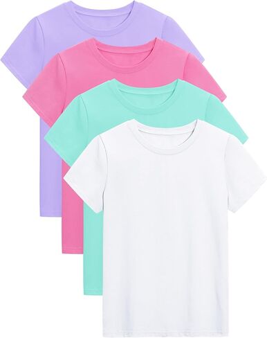 KEREDA 4 Pack Girls Short Sleeve Shirts Cotton T-Shirts Summer Basic Tees Tops Clothes for Kids in Kuwait
