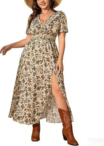 EYWOL Women's Floral Wedding Guest Dresses for Curvy Women | Boho Chiffon Long Dress Casual Flowy Swing Beach Dress in Kuwait