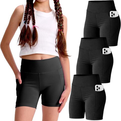 3 Pack Girls 4'' Biker Shorts with Pockets, High Waisted Athletic Running Yoga Shorts for Kids Teen in Kuwait