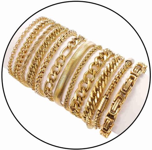12PCS Stainless Steel Cuban Link Chain Bracelets for Men Women Gold Figaro Rope Chain Men's Curb Chain Bracelets Set Box Square Rolo Twisted Wrist Bracelets 7.5/8.3/9inch in Kuwait