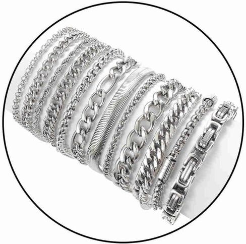 12PCS Stainless Steel Cuban Link Chain Bracelets for Men Women Gold Figaro Rope Chain Men's Curb Chain Bracelets Set Box Square Rolo Twisted Wrist Bracelets 7.5/8.3/9inch in Kuwait