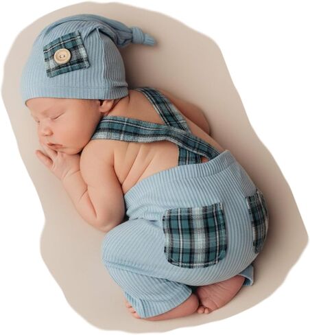Zeroest Newborn Boy Photo Outfit Props Baby Boy Photography Outfit Photo Shoot Boy Pictures Suspenders Pants Sleeping Hat (Brown) in Kuwait
