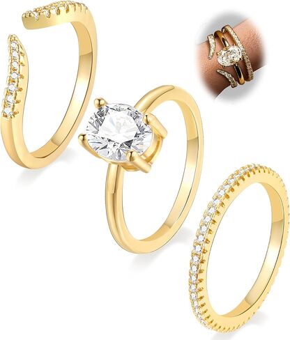 Yeezii Gold Rings for Women Non Charnish ، 14K Gold Stading Cubic zird Zirings Pack ، و Dainty Cacked Beknuckle Rings size 5-10 in Kuwait