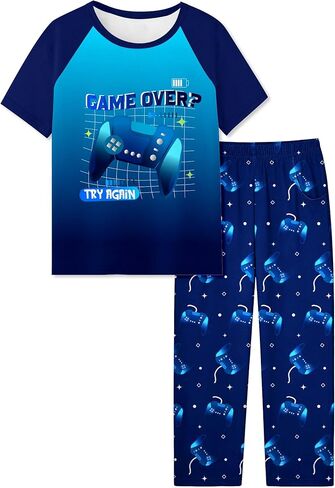 Fiodrimy Boys Pajamas Little Big Boys Short Sleeves and Pants Pajamas 2-Piece Pjs Set Kids Sleepwear Size 8-14 in Kuwait