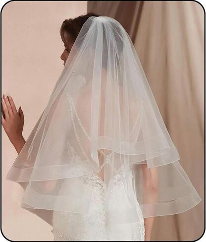 Bridal Veil Horsehair Edge Wedding Veil with Metal Comb,2 Tier Simple Tulle Ribbon Edge Cathedral Long Veil for Bride in Kuwait