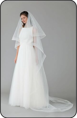 Bridal Veil Horsehair Edge Wedding Veil with Metal Comb,2 Tier Simple Tulle Ribbon Edge Cathedral Long Veil for Bride in Saudi Arabia
