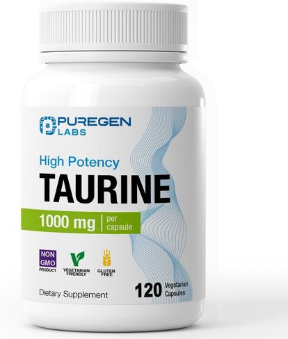 Puregen Labs Taurine 1000mg [High Potency] 120 Veg Capsules | No Harmful Additives | Non-GMO, NO Gluten and Dairy, Supports Heart Health and Muscle Recovery | 120 Servings | Made in USA in Kuwait