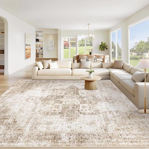 Area Rug 8x10 Washable Rug, Vintage Boho Medallion Rugs Non-Slip Soft Low Pile Large Distressed Rug Indoor Retro Carpet for Living Room Bedroom Dining Room Home Office (Beige, 8'x10') in Kuwait