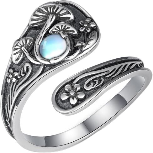 Mushroom Spoon Rings for Women 925 Sterling Silver Moss Agate Mushroom Ring Vintage Thumb Ring Jewelry for Women Men in Kuwait