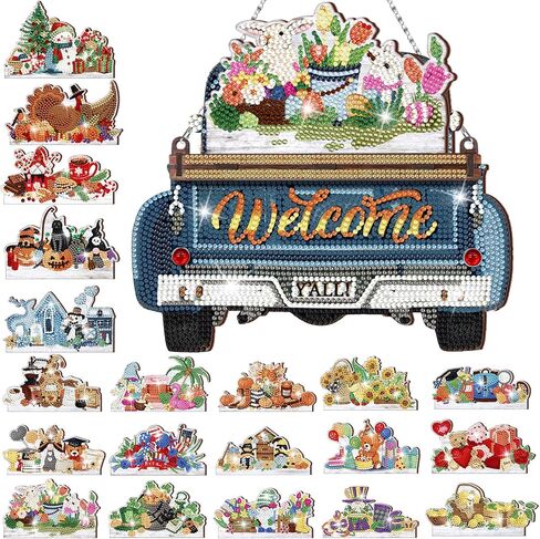 Burbell 21 Pcs Interchangeable Diamond Painting Welcome Sign for Front Door Diamond Painting Truck Decor Interchangeable Seasonal Welcome Sign for DIY Diamond Art Kit Wall Window Door Farmhouse (Red) in Kuwait