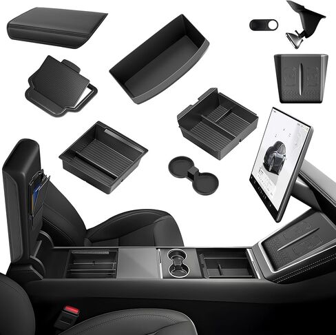 2025 Upgrade Center Console Organizer Tray for Tesla Model Y Accessories 2024-2020/For Tesla Model 3 Accessories 2023-2021 [Slide Smoothly/US Patent] Cup Holder Matte Black in Kuwait