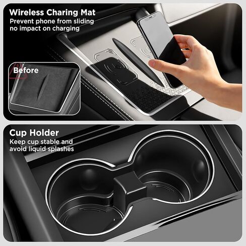 2025 Upgrade Center Console Organizer Tray for Tesla Model Y Accessories 2024-2020/For Tesla Model 3 Accessories 2023-2021 [Slide Smoothly/US Patent] Cup Holder Matte Black in Kuwait