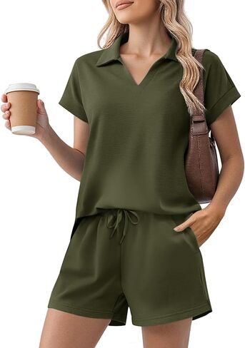 PINSPARK 2 Piece Sets for Women Summer Lounge Sets Short Sleeve Sweatsuit V-neck Tops and Drawstring Shorts Outfits Tracksuit in Saudi Arabia