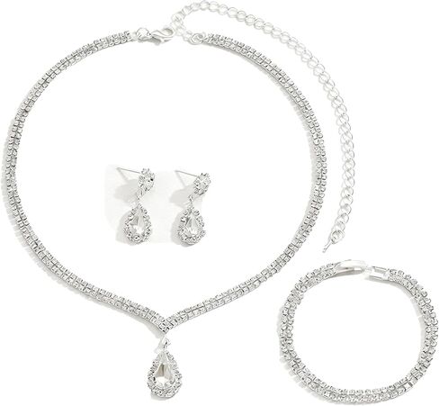 Octwine Silver Blue Black Rhinestones Bridal Necklace Earrings Set Wedding Rhinestone Necklace Dangle Earrings Bracelet Sets for Brides Bridesmaid Crystal Prom Party Accessories for Women in Saudi Arabia