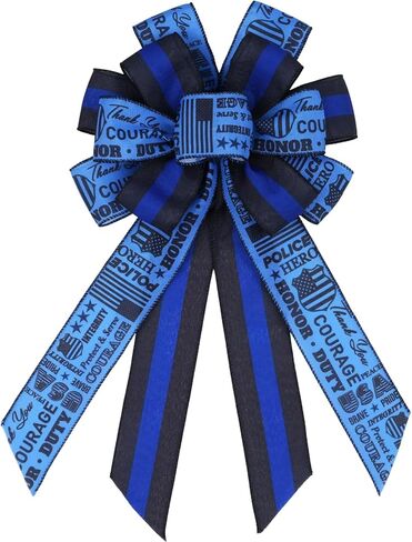 YKW Police Support Bow for Wreaths 11.42" x 20.87", Blue Line Law Enforcement Decoration, Patriotic Door Hanger, Thank You Gift for Officers, American Hero Tribute in Kuwait