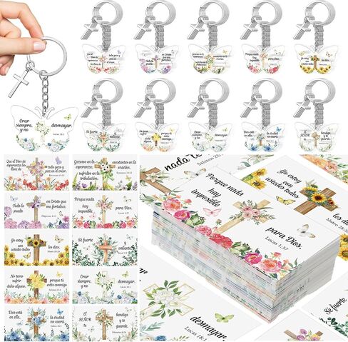 Sureio 100 Set Spanish Christian Keychain and Cards Butterfly Acrylic Bible Verse Scripture Religious Inspirational Key Ring Spanish Christian Religious Gifts for Women Men in Saudi Arabia