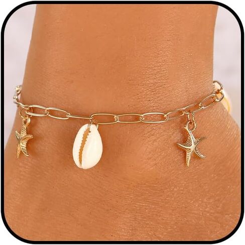 Charm Starfish Shell Ankle Bracelets for Women, Trendy 14K Gold Paperclip Chain Sea Star Statement Anklets Boho Ocean Holiday Seashell Foot Jewelry in Saudi Arabia
