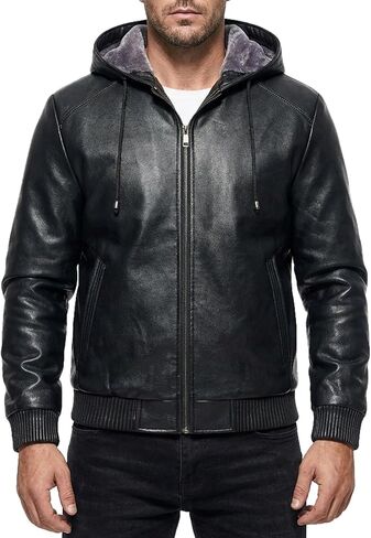 INVACHI Men's Waterproof PU Leather Bomber Motorcycle Jacket with Hood and Stylish Faux Fleece Lining in Kuwait