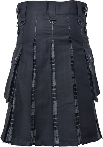 Men's Plus Size Scottish Hybrid Black Cotton & Tartan Utility Kilt with Leather Straps in Kuwait