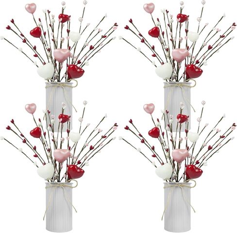 2 Pcs 4th of July Artificial Flowers in Vase 12'' Patriotic Fake Berry Stem Picks with Metal Pot for Memorial Day Red White Blue Bouquets Independence Decor for Home Centerpieces in Kuwait
