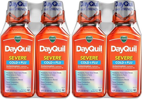 Vicks DayQuil Severe Cold & Flu Liquid Medicine, Daytime Relief for Headache, Fever, Sore Throat, Minor Aches & Pains, Chest Congestion, Stuffy Nose, Nasal Congestion, Sinus Pressure, & Cough, 2x12oz in Kuwait