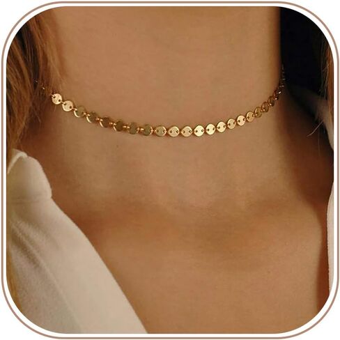 CAROVO Dainty Gold Chain Choker Necklace for Women 18K Gold Plated Minimalist Figaro Beaded Lace Satellite Coin Chain Necklace Delicate Choker Jewelry Gifts for Women in Kuwait