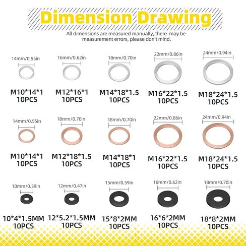 160Pcs Oil Drain Plug Gasket Set, Metric Aluminum & Copper Oil Drain Plug Washers Crush Washers Seals Flat Washers Compatible with Toyota/Audi/BMW (M6 M8 M10 M12 M14 M16 M18 M20) in Kuwait