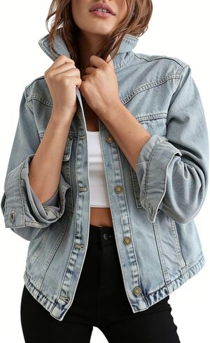 happlan Women's Fashion Loose Long Slevee Trendy Denim Jacket Jean Coat in Saudi Arabia