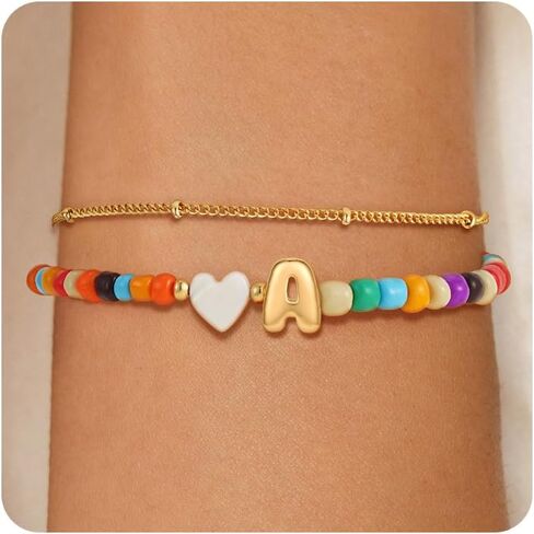 Colorful Initial Bracelets for Women Girls - 14K Gold Plated Heart Initial Letter Daint A-Z Charm Bracelet Summer Jewelry Teen Girl Gifts for Teen Kids in Kuwait