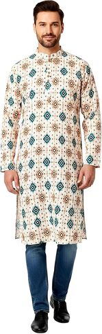 Chandrakala Slim Fit Printed Kurta for Men Cotton Long Sleeve Straight Tunic (MK114-P) in Saudi Arabia