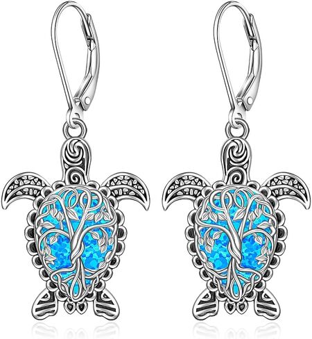 Sea Turtle Earrings Tree Of Life Moonstone Turtle Earrings for Women Sterling Silver Black Turtles Moonstone Leverback Dangle Hawaii Jewelry Christmas Gifts in Saudi Arabia