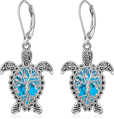 Sea Turtle Earrings Tree Of Life Moonstone Turtle Earrings for Women Sterling Silver Black Turtles Moonstone Leverback Dangle Hawaii Jewelry Christmas Gifts in Saudi Arabia