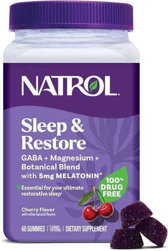 Natrol Sleep + Restore Magnesium Glycinate Gummies with Melatonin 5mg - Calm Magnesium with GABA, Botanical Blend, Cherry Flavor, 60 Gummies in Kuwait
