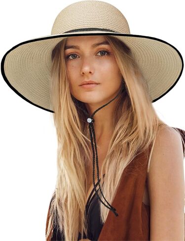 Sun Hats for Women, Oversize Wide Brim Straw Hat for Summer Travel Beach Foldable UV Protection with Wind Lanyard UPF 50+ in Saudi Arabia