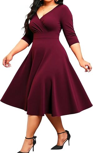 Womens Plus Size Dresses Faux Wrap Summer Dress 3/4 Sleeves V Neck 1950s Retro Vintage Wedding Party Midi Dress with Pocket in Kuwait