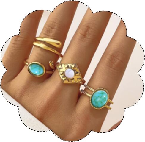 4-6PCS Vintage Stackable Knuckle Ring for Women Turquoise Resin Green Red Gem Ring Set Gold Twist Finger Rings in Kuwait