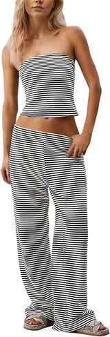 Women Sailor Tube Top Set 2 Piece Outfits Striped Strapless Bandeau Low Waist Wide-Leg Pants Lounge Sets in Kuwait