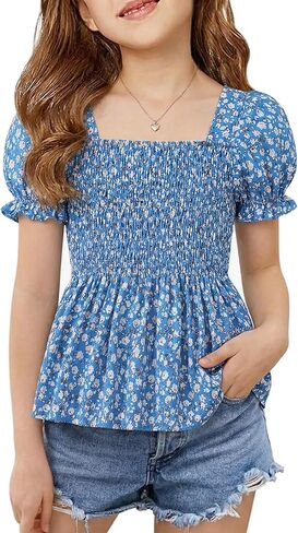 Seechoslo 2025 Tween Girls’ Cute Short Sleeve Square Neck Smocked Elastic Short Sleeve Woven Shirt Top in Kuwait