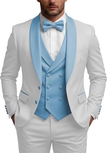 3 Piece Mens Tuxedo Suit Set Double Breasted Suit Men Slim Fit Tuxedo Suits with Bow for Groom Wedding Prom in Kuwait