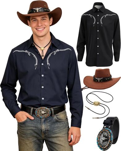 4PCS Cowboy Costume Outfit for Men Western Shirt Cloth Vintage Long Sleeve with Hat Belt Accessories in Kuwait